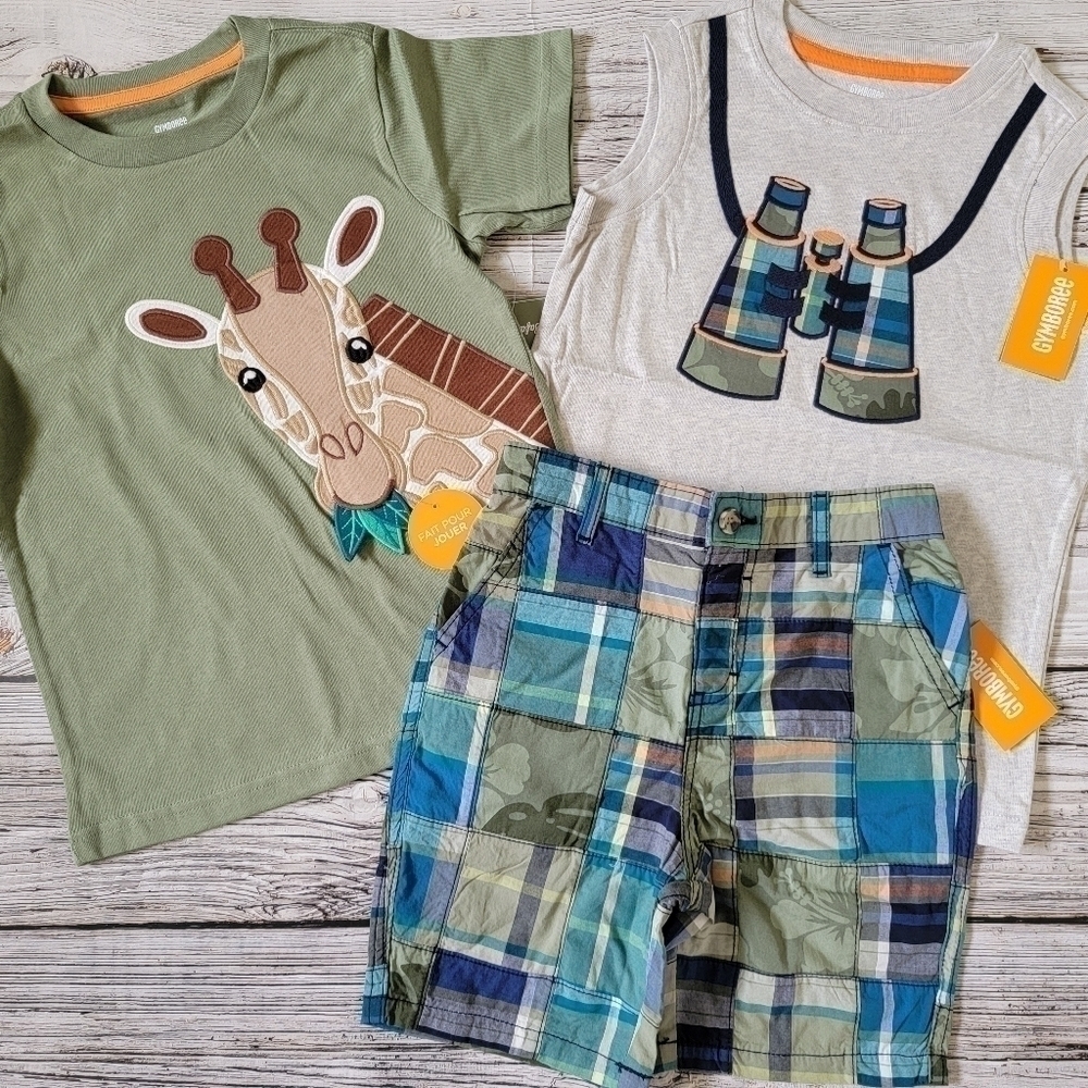 Gymboree Summer Safari Giraffe T-Shirt Binoculars Tank Top & Patchwork Shorts
